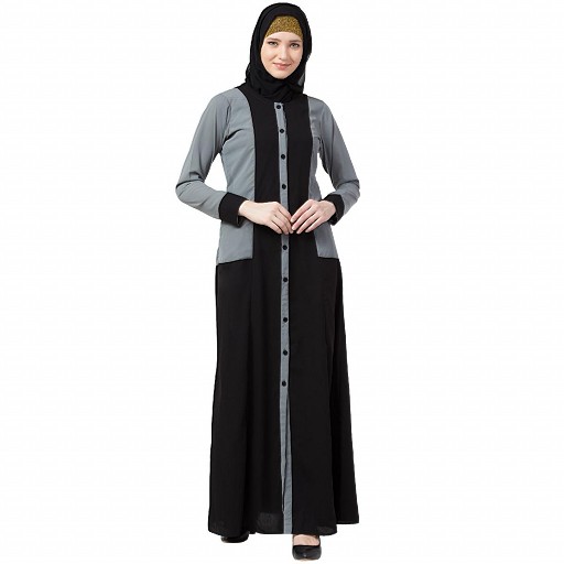 Dual colored front open abaya- Black-Grey